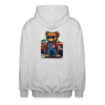Bärenmechaniker im Musclecar - Unisex Kapuzenjacke - Hellgrau meliert - Hinten - AI Model Male 185 light (185cm)