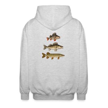 Brochet, sandre, perche, poissons prédateurs, pêcheurs, pêcheurs - Veste à capuche unisexe - gris clair chiné - Dos - AI Model Male 185 light (185cm)