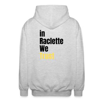 In Raclette We Trust humour fromage - Veste à capuche unisexe - gris clair chiné - Dos - AI Model Male 185 light (185cm)
