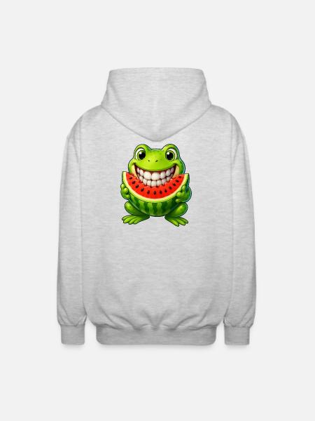 Cheerful frog toad with watermelon summer - Unisex Hooded Jacket - light heather grey
