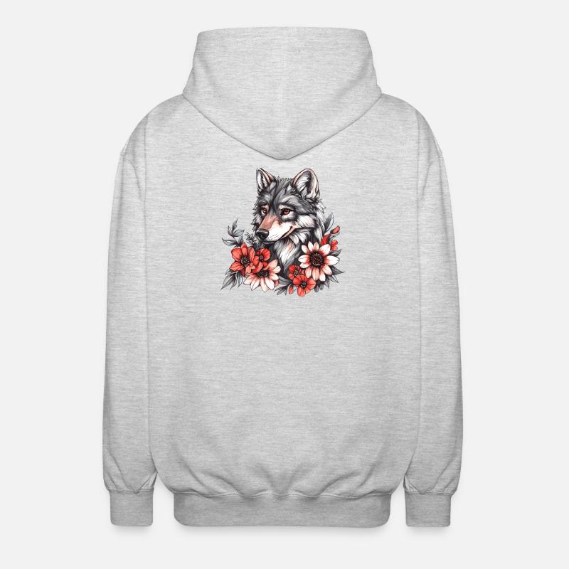 Loup avec une couronne de fleurs - Veste à capuche unisexe - gris clair chiné