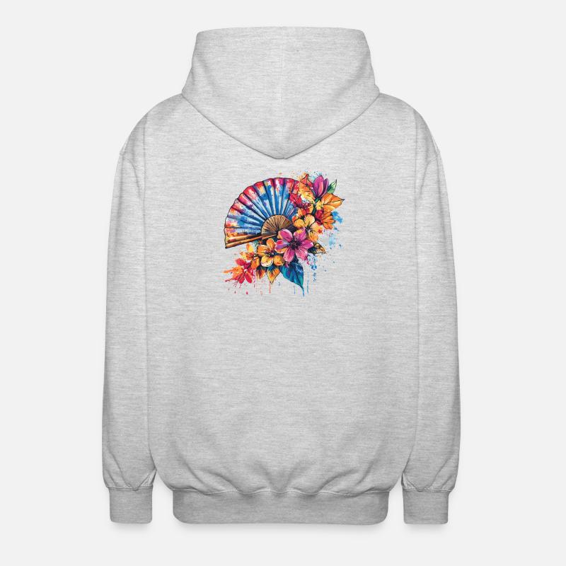 Farbenfroher Fächer mit Blüten - Unisex Kapuzenjacke - Hellgrau meliert
