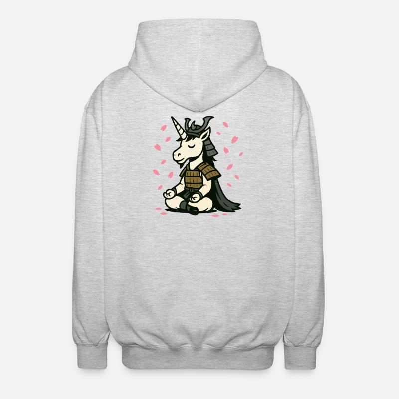 Meditierendes Samurai-Einhorn mit Kirschblüten - Unisex Kapuzenjacke - Hellgrau meliert