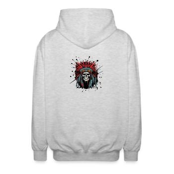 Schädel mit Federkrone – Tribal Design - Unisex Kapuzenjacke - Hellgrau meliert - Hinten - AI Model Male 185 light (185cm)