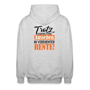 Appearance instead of Pension Satire Pension 2026 - Unisex Hooded Jacket - light heather grey - Back - AI Model Male 185 light (185cm)