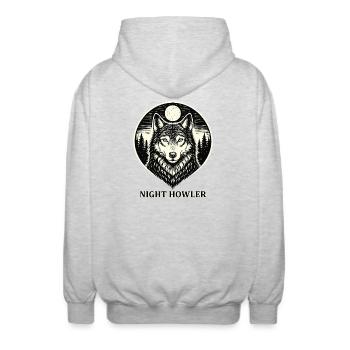 Night Howler - Wolf im Woodcut Stil - Unisex Kapuzenjacke - Hellgrau meliert - Hinten - AI Model Male 185 light (185cm)