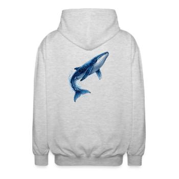Blauwal Illustration im Sprung  - Unisex Kapuzenjacke - Hellgrau meliert - Hinten - AI Model Male 185 light (185cm)