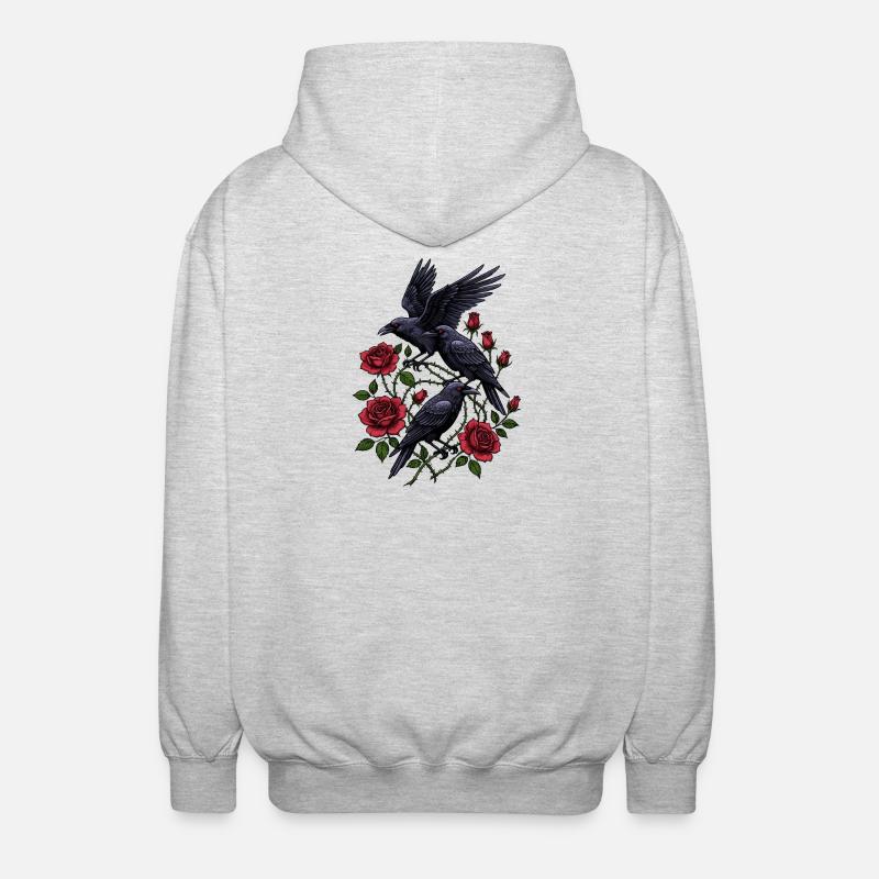 Crows and Red Roses - Gothic Aesthetic - Unisex Hooded Jacket - light heather grey