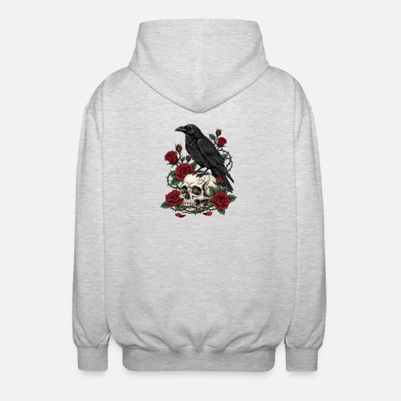 Mitternachtskrähe auf Totenkopfrosen - Unisex Kapuzenjacke - Hellgrau meliert