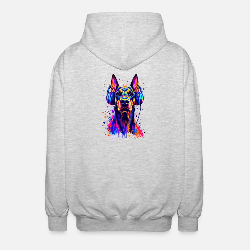 Dobermann mit Kopfhörern - Unisex Kapuzenjacke - Hellgrau meliert