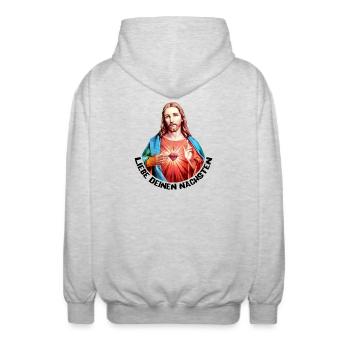 Liebe Deinen Nächsten Jesus Linker Handsegen - Unisex Kapuzenjacke - Hellgrau meliert - Hinten - AI Model Male 185 light (185cm)