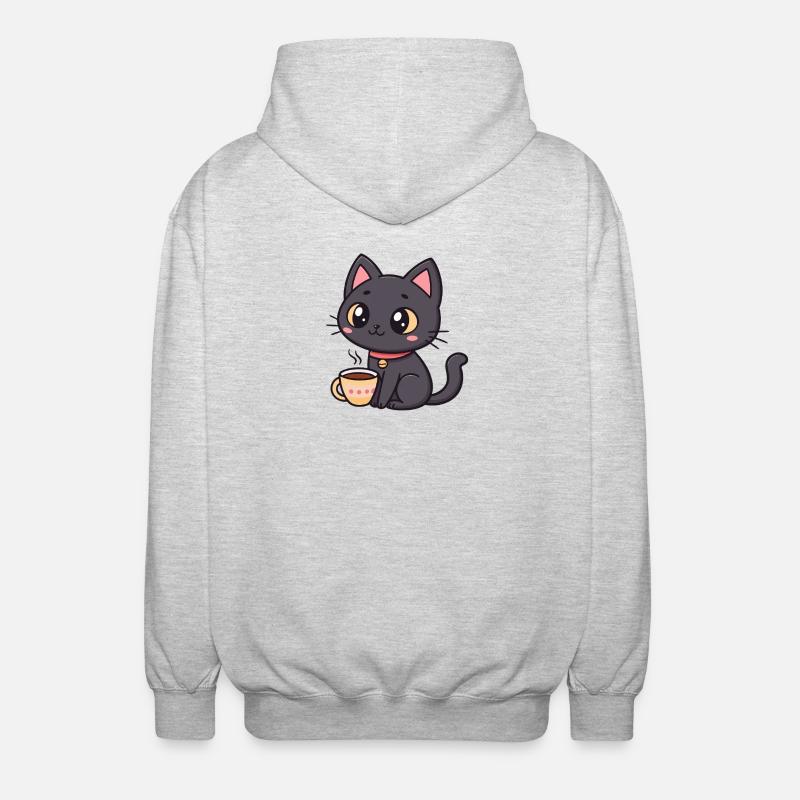 Warme schwarze Katze mit Tee - Unisex Kapuzenjacke - Hellgrau meliert