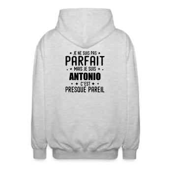 Antonio: authentisch, unvollkommen, oben, Perfektion - Unisex Kapuzenjacke - Hellgrau meliert - Hinten - AI Model Male 185 light (185cm)