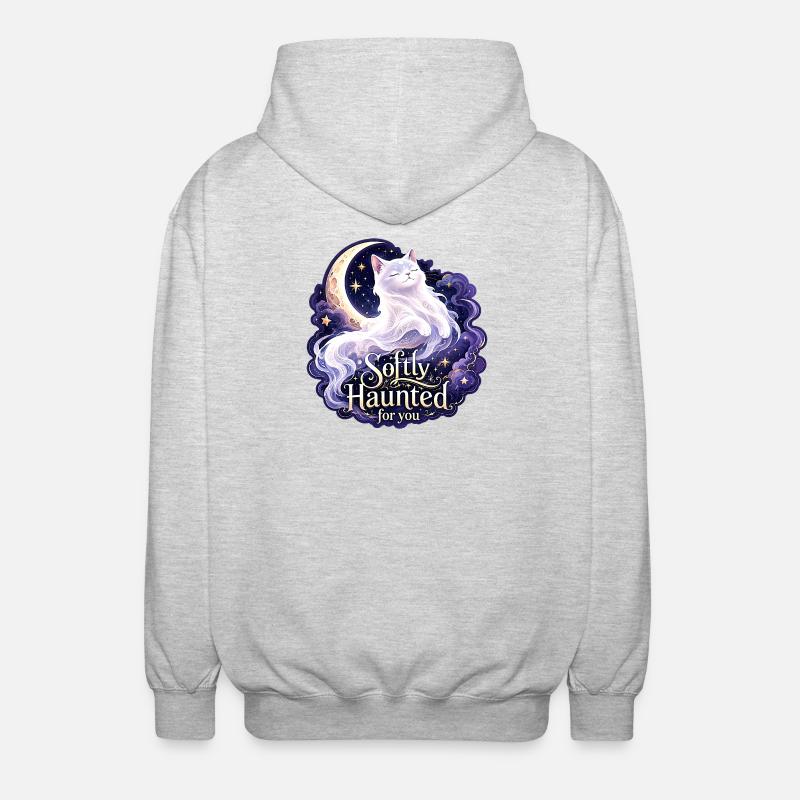 Softly Haunted White Moon Cat Gothic Celestial - Unisex Hooded Jacket - light heather grey