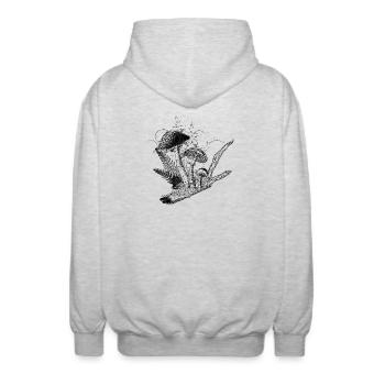 Schwarz Weiß Zeichnung Waldpilze,Gräser und Ast - Unisex Kapuzenjacke - Hellgrau meliert - Hinten - AI Model Male 185 light (185cm)