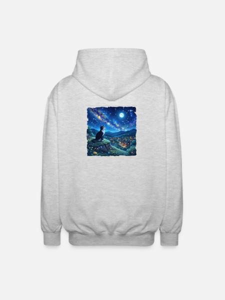 Moonlit Cat tuxedo and Star Night - Unisex Hooded Jacket - light heather grey