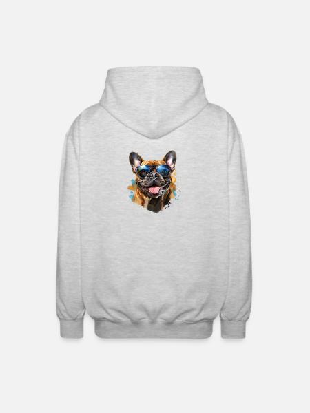 Frenchie with sunglasses - Unisex Hooded Jacket - light heather grey