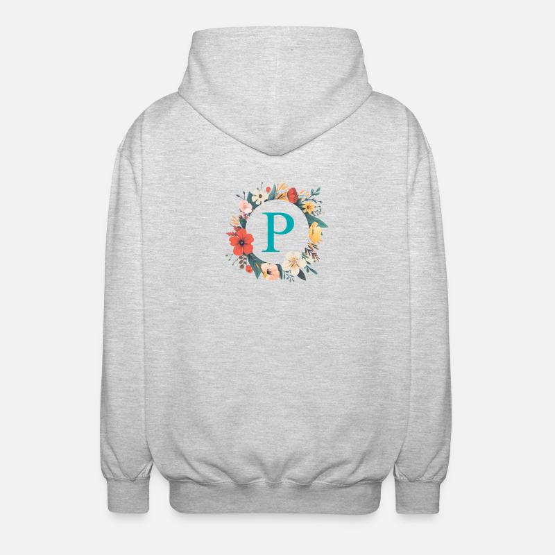 P Monogram, Flower Wreath, Personalizable - Unisex Hooded Jacket - light heather grey