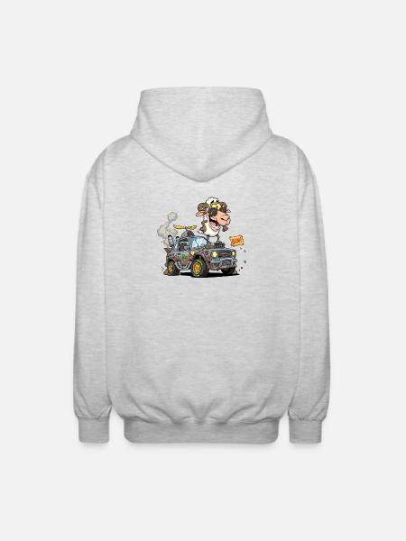 Cartoon Sheep Driver in Off-Road Vehicle - Unisex Hooded Jacket - light heather grey