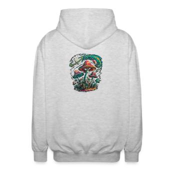 Psychedelische kosmische Pilze Kunstwerk - Unisex Kapuzenjacke - Hellgrau meliert - Hinten - AI Model Male 185 light (185cm)