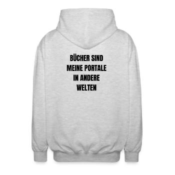 Bücher sind meine Portale in andere Welten. - Unisex Kapuzenjacke - Hellgrau meliert - Hinten - AI Model Male 185 light (185cm)