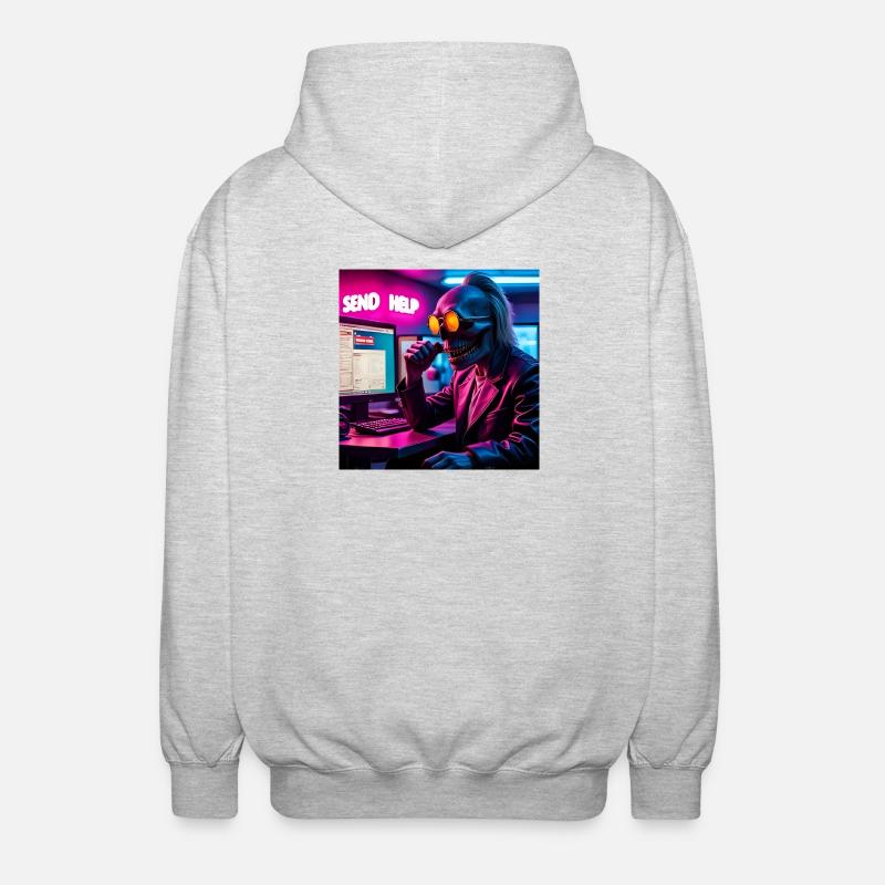 Cyberpunk Neon-Skull Hacker Send Help Design - Unisex Kapuzenjacke - Hellgrau meliert