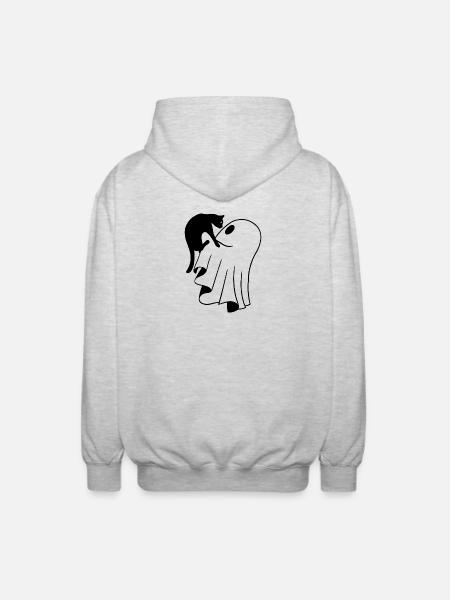 Ghost with Cat Sketch – Child-Friendly Halloween - Unisex Hooded Jacket - light heather grey