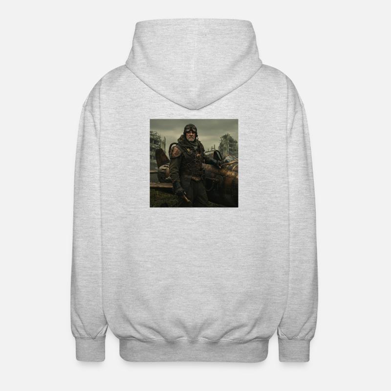 Steampunk-Pilot auf postapokalyptischen Ruinen - Unisex Kapuzenjacke - Hellgrau meliert