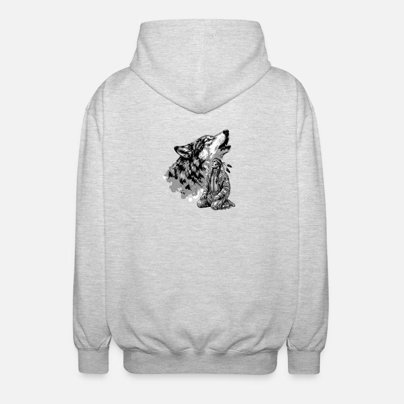 Indianer Krieger mit heulendem Wolf - Unisex Kapuzenjacke - Hellgrau meliert