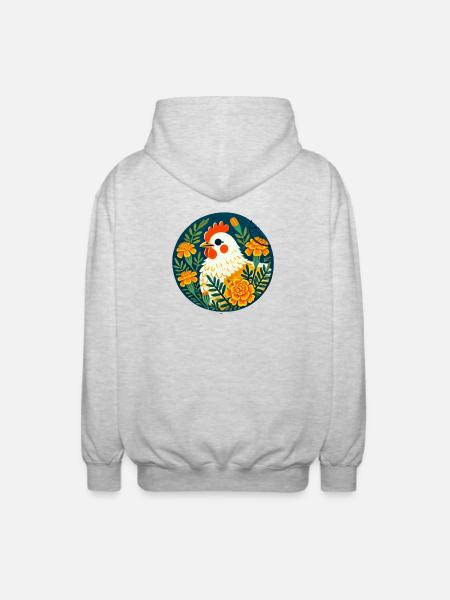 Sonnenhühner zwischen kräftigen Blumen - Unisex Kapuzenjacke - Hellgrau meliert