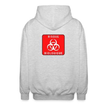 Biologisches Gefahrzeichen, Infektionsrisiko, Material - Unisex Kapuzenjacke - Hellgrau meliert - Hinten - AI Model Male 185 light (185cm)