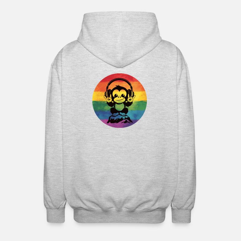 Regenbogen DJ Affe – Kopfhörer Rockhandzeichen - Unisex Kapuzenjacke - Hellgrau meliert