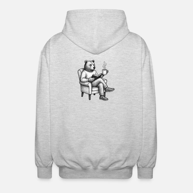Bear Reader with Book and Mug - Unisex Hooded Jacket - light heather grey