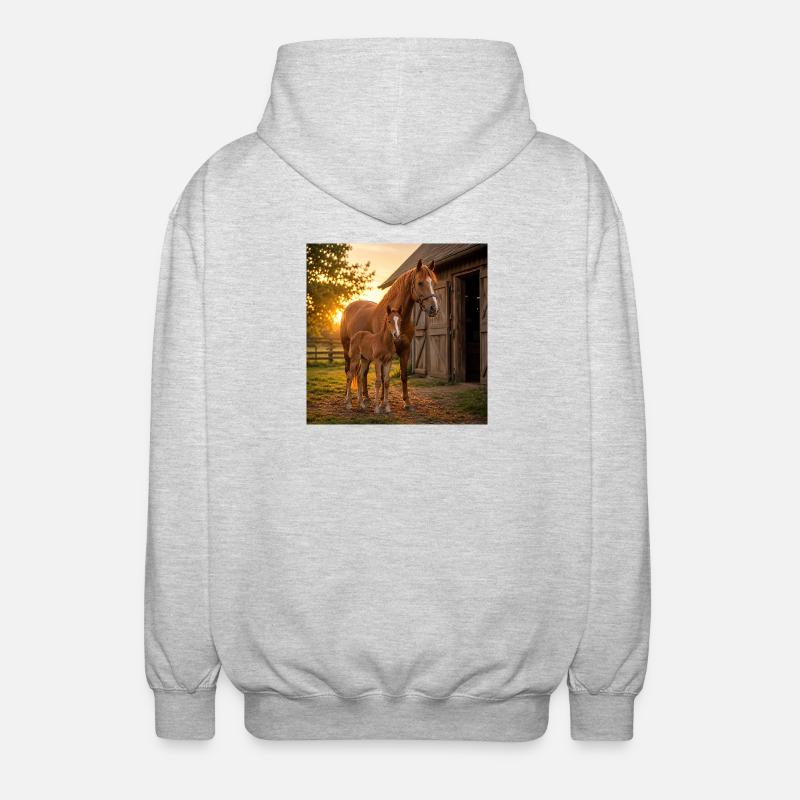 Sunset, mare with foal - Unisex Hooded Jacket - light heather grey