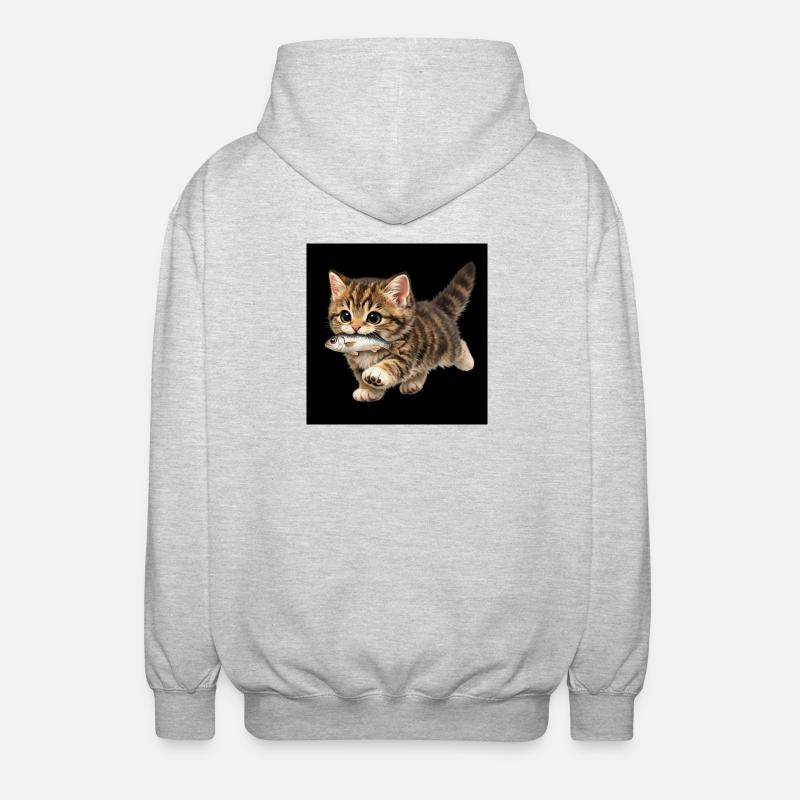 kitten has caught a fish - Unisex Hooded Jacket - light heather grey