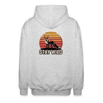 Stay Wild Fuchs – Retro Vintage Sonnenuntergang - Unisex Kapuzenjacke - Hellgrau meliert - Hinten - AI Model Male 185 light (185cm)