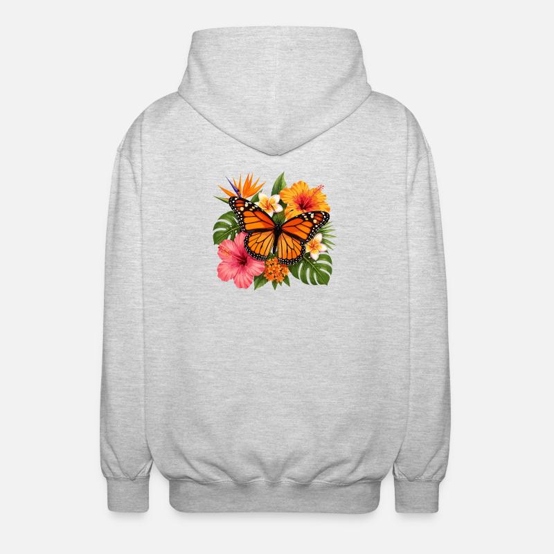 Fleur tropicale du papillon monarque - Veste à capuche unisexe - gris clair chiné