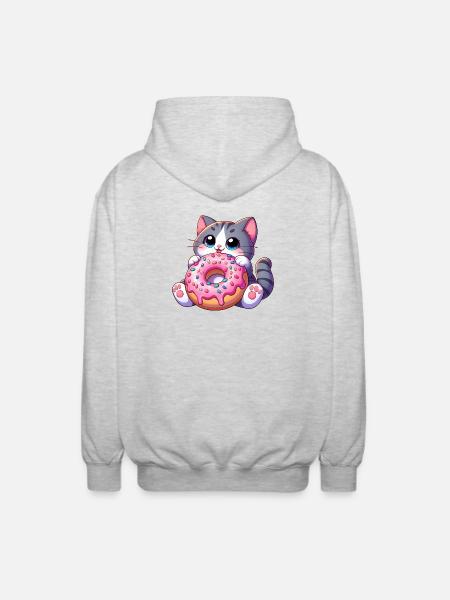 Söt katt med munk dessert snacking behandlar - Luvjacka unisex - ljusgråmelerad
