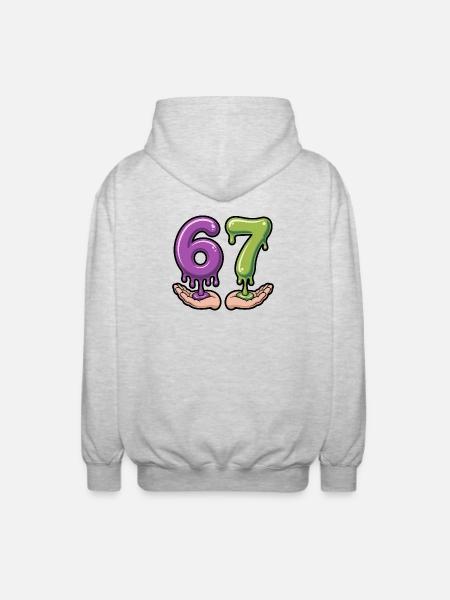 67 - Sjov Brainrot T-shirt - Unisex hættejakke. - lysegrå meleret