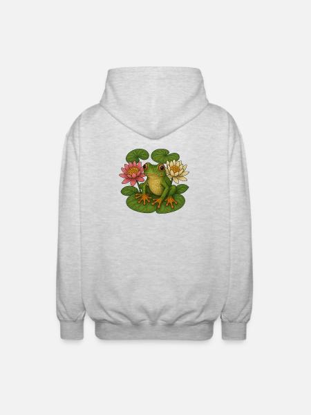 Verdant Frog Among Lotus Lilies - Unisex Hooded Jacket - light heather grey