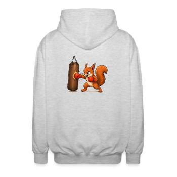 Eichhörnchen am Boxsack Cartoon Motiv  - Unisex Kapuzenjacke - Hellgrau meliert - Hinten - AI Model Male 185 light (185cm)