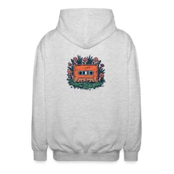 Retro-Kassette und Waldpilze - Unisex Kapuzenjacke - Hellgrau meliert - Hinten - AI Model Male 185 light (185cm)