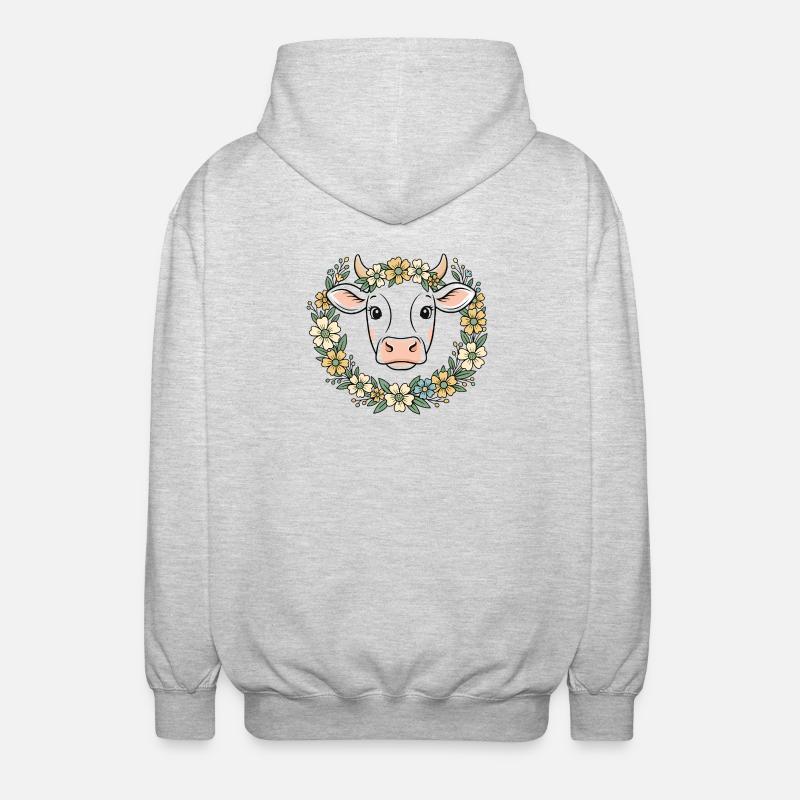Kuh Blumenkranz Boho Frühling Vektor - Unisex Kapuzenjacke - Hellgrau meliert