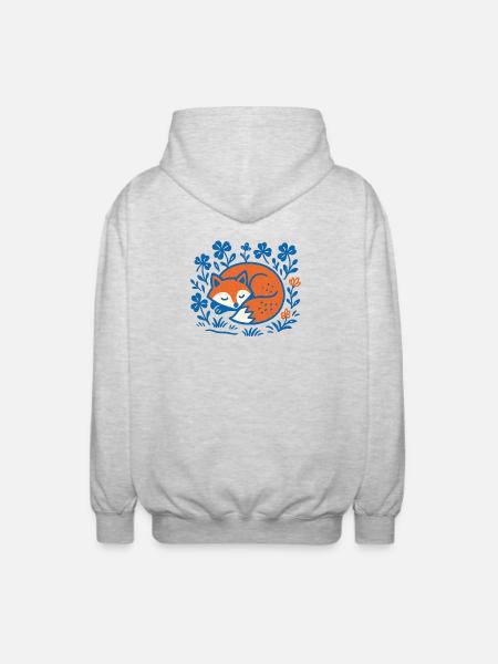 Schlafender Fuchs im Blumen-Nachtgarten - Unisex Kapuzenjacke - Hellgrau meliert