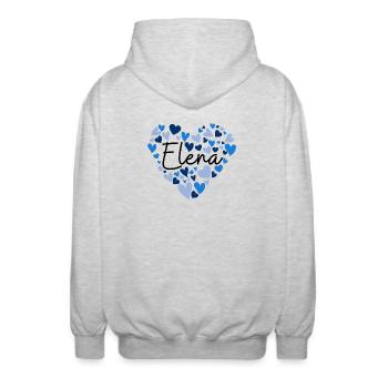 Elena Name Design with Heart-Shaped blue Hearts - Unisex Hooded Jacket - light heather grey - Back - AI Model Male 185 light (185cm)
