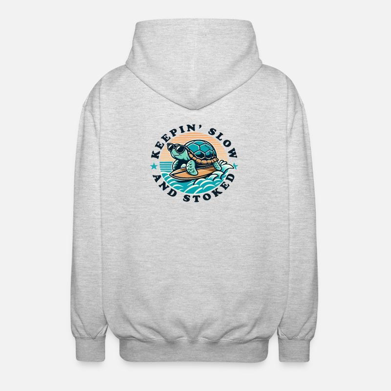 Surfende Schildkröte Keepin Slow and Stoked - Unisex Kapuzenjacke - Hellgrau meliert