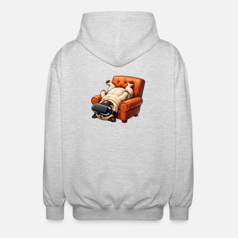 Mops mit VR Brille im Sessel - Unisex Kapuzenjacke - Hellgrau meliert