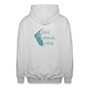 Glück schmeckt salzig – Amrum Nordsee Insel Design - Unisex Kapuzenjacke - Hellgrau meliert - Hinten - AI Model Male 185 light (185cm)