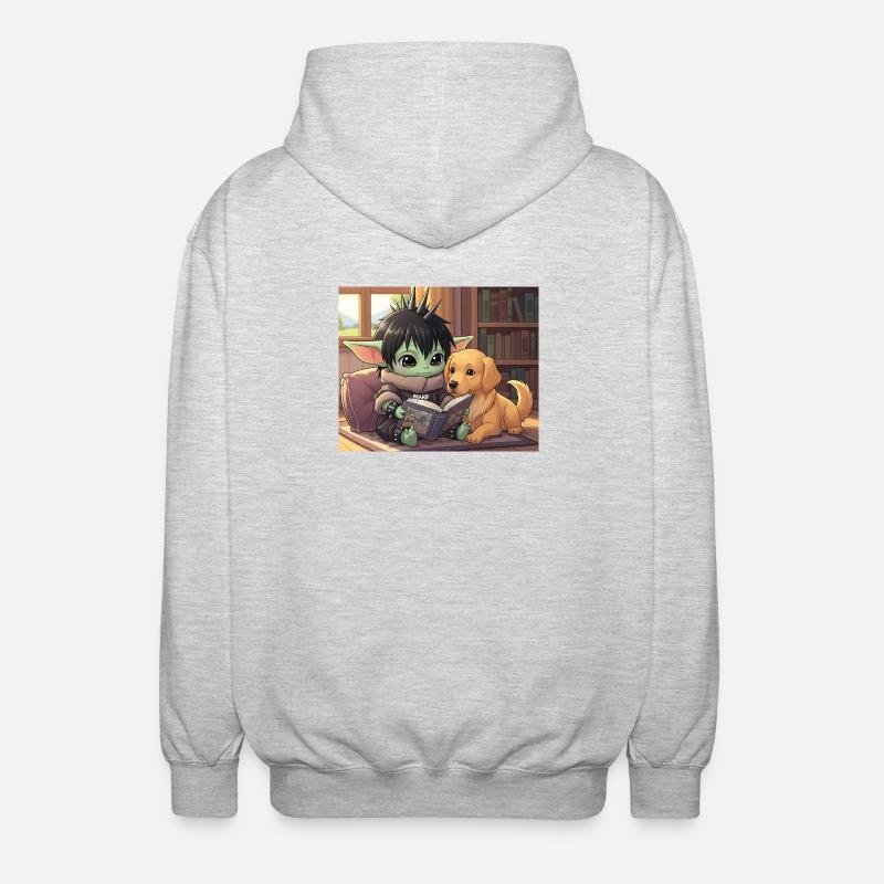 Kleiner Goblin mit Hund und Comic-Book - Unisex Kapuzenjacke - Hellgrau meliert