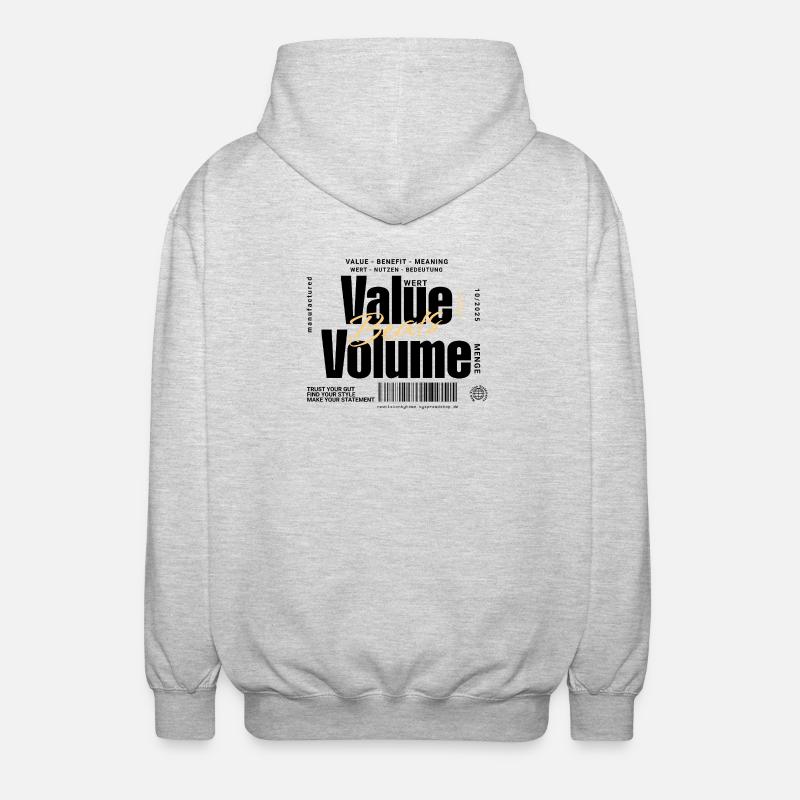 Value Beats Volume – Statement Design (Hell) - Unisex Kapuzenjacke - Hellgrau meliert